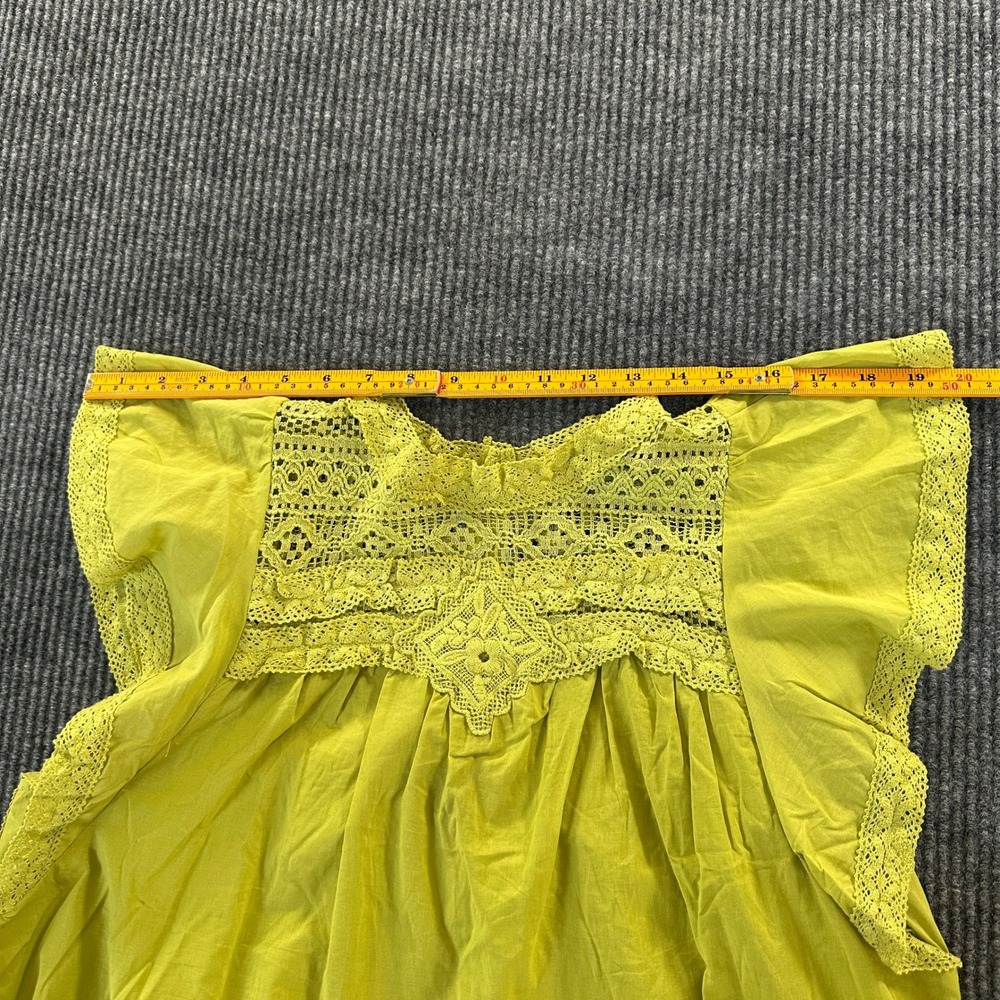 Calligraphie Blouse M Lime Green Cotton Crochet Lace Flutter Sleeve Top - Picture 5 of 9